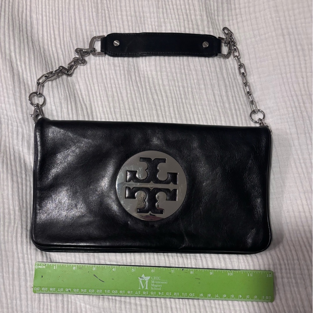 Tory Burch Black Leather Clutch with Silver Logo